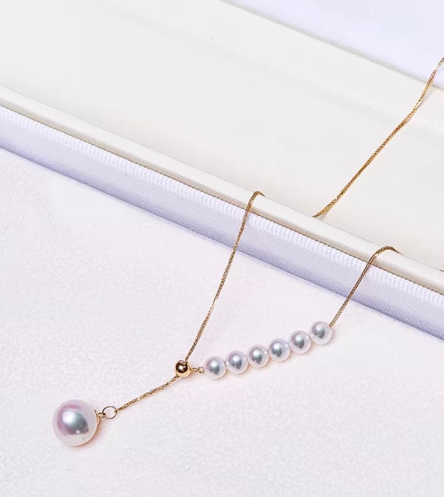 K18YG Akoya pearl Y-shape 2way slide adjuster Chopin chain necklace with pearls sized 3.5-8.5 mm, 45 cm long