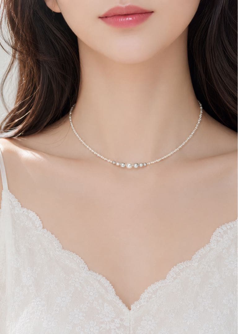 Akoya Pearl Necklace with seven colorful pearls and K18 clasp on a white background