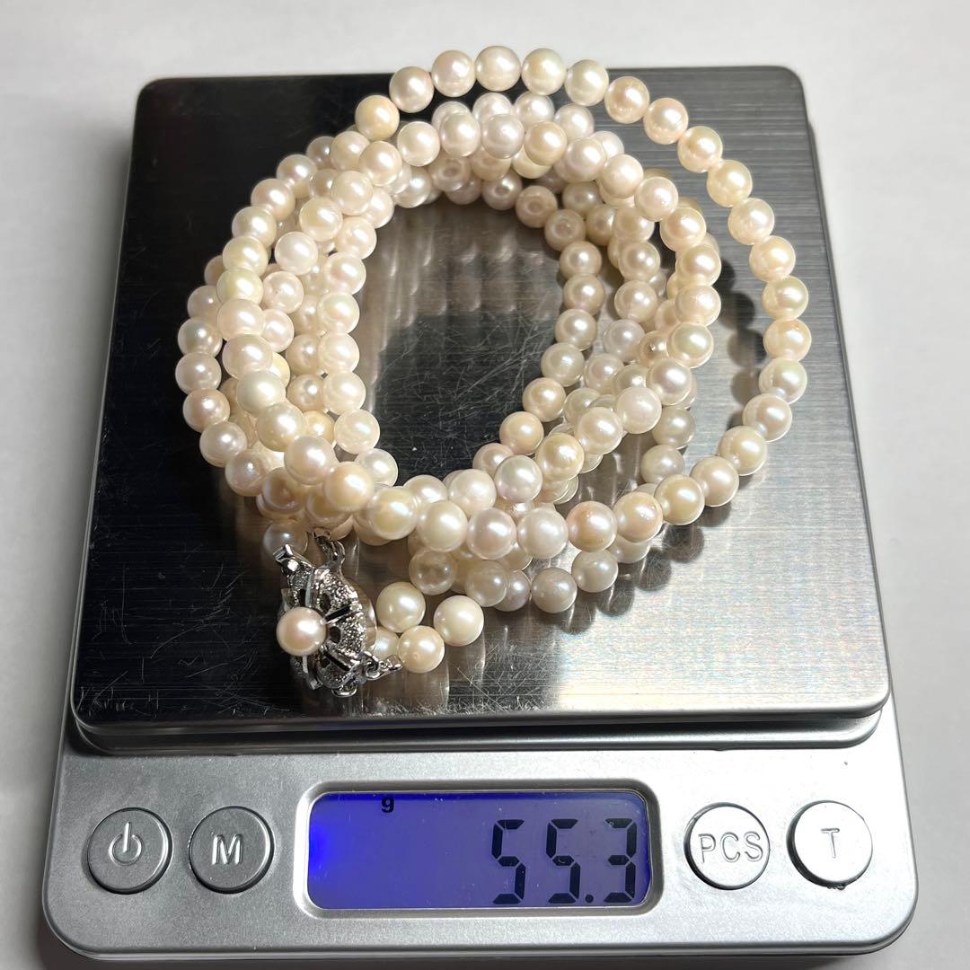 Akoya pearl 2-strand semi-long necklace with 5.3-5.5mm pearls and silver stamp clasp