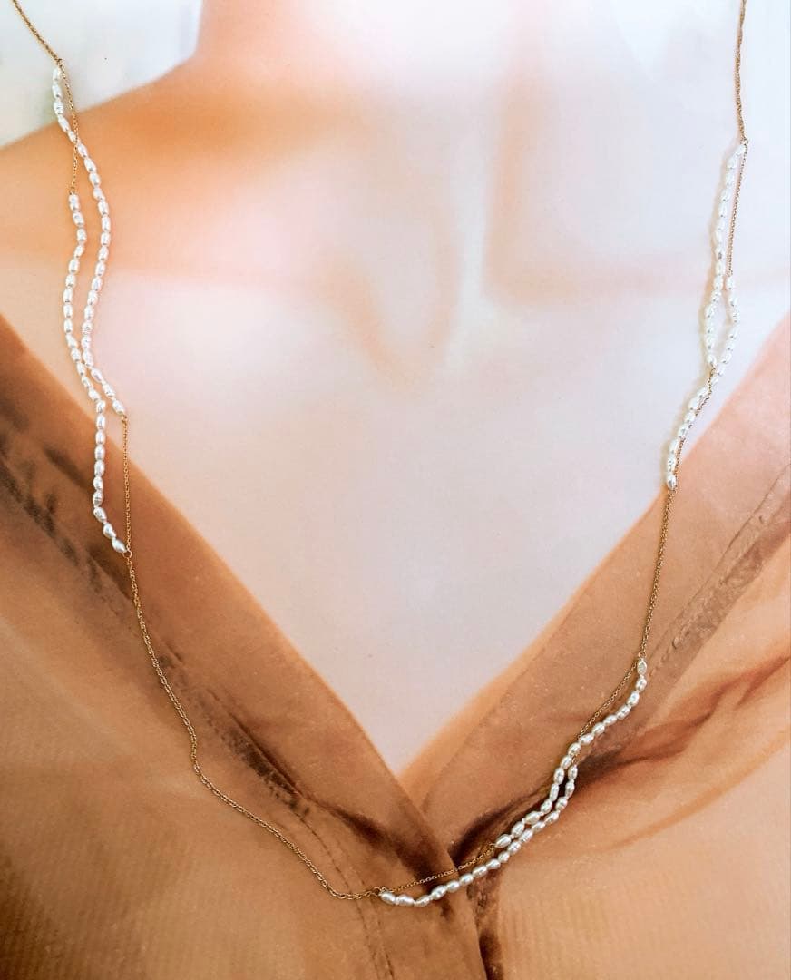 Agot K10YG Akoya Keshi pearl long necklace with 65cm length and delicate yellow gold chain