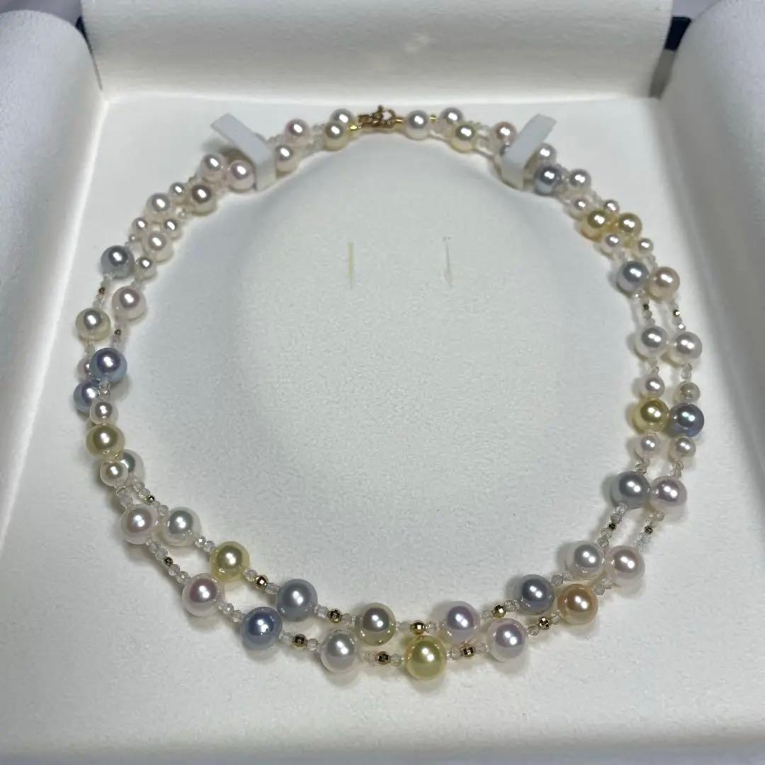 K18 multi-color Akoya pearl necklace set with 8mm, 5mm, and 6mm pearls on a 45cm chain