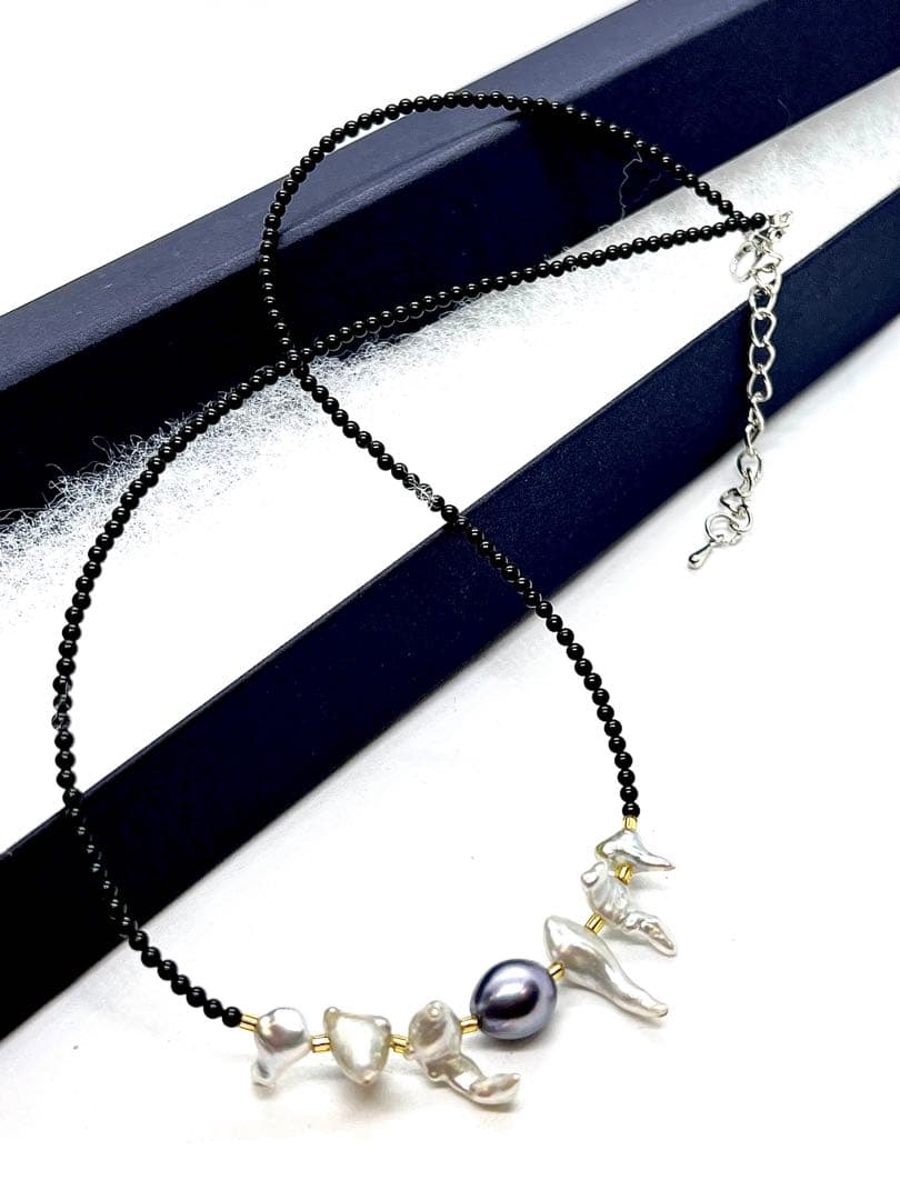 Akoya Pearl Large Round Keshi necklace featuring black pearls and Venezian glass with gold leaf