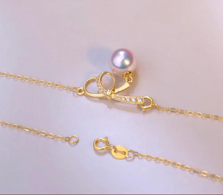K18YG Akoya pearl necklace pendant with zirconia stones and 40+5 cm gold chain