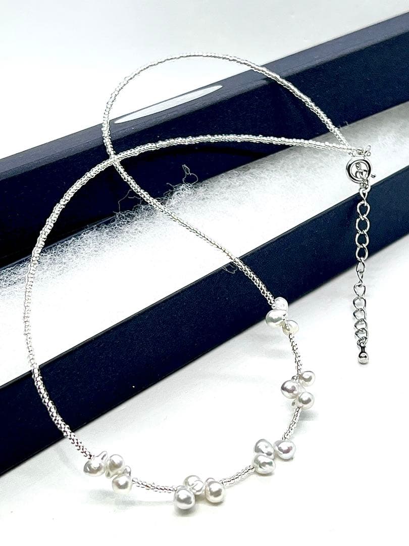 Akoya pearl natural blue baby pearl necklace with uncolored pearls and Italian K18 white gold foil