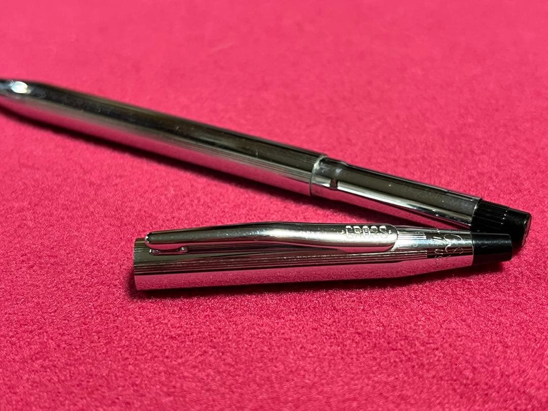 Cross Chrome Century ballpoint pen with old logo, metal body, showing used condition and minor scratches