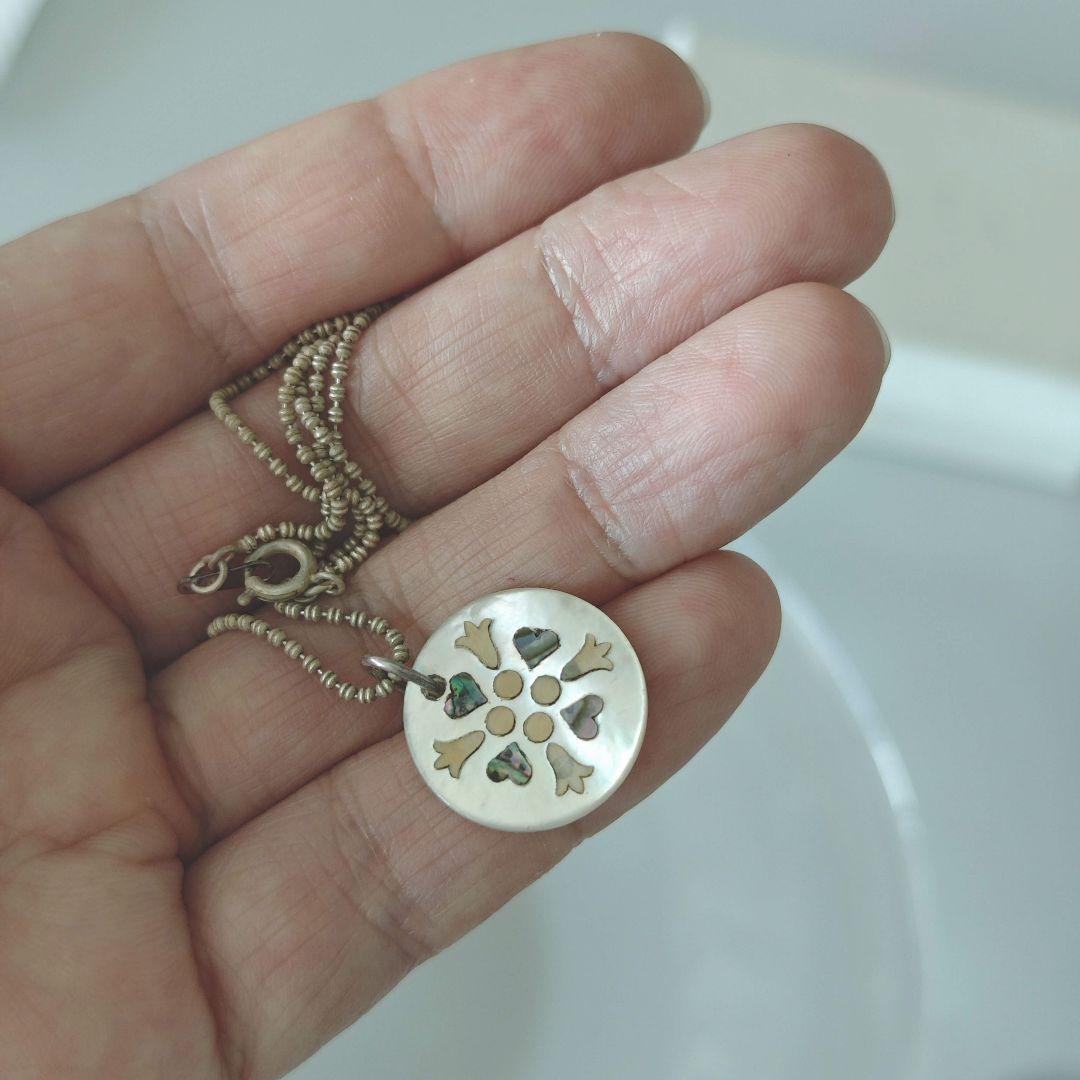 agetE shell charm necklace with heart and cross in sterling silver with white mother of pearl charm