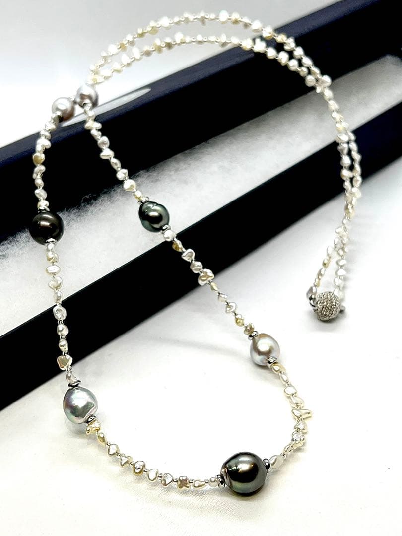 68cm Teri Strong necklace with Akoya Keshi, natural blue, and black cultured pearls