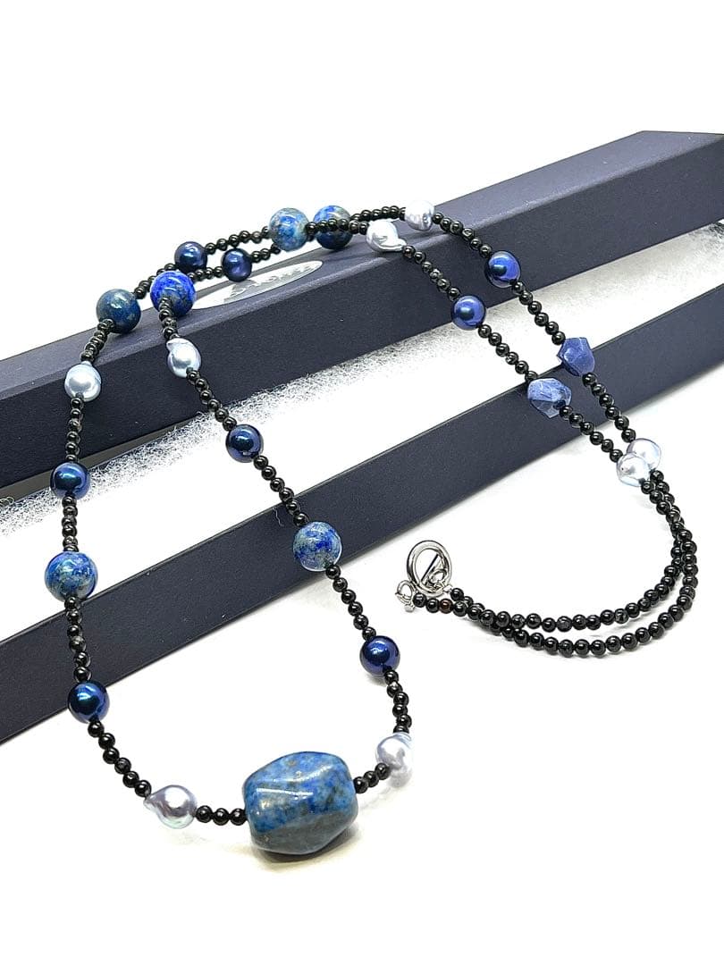 Akoya pearl necklace with large gray lapis lazuli beads on a black tourmaline chain, 80cm length