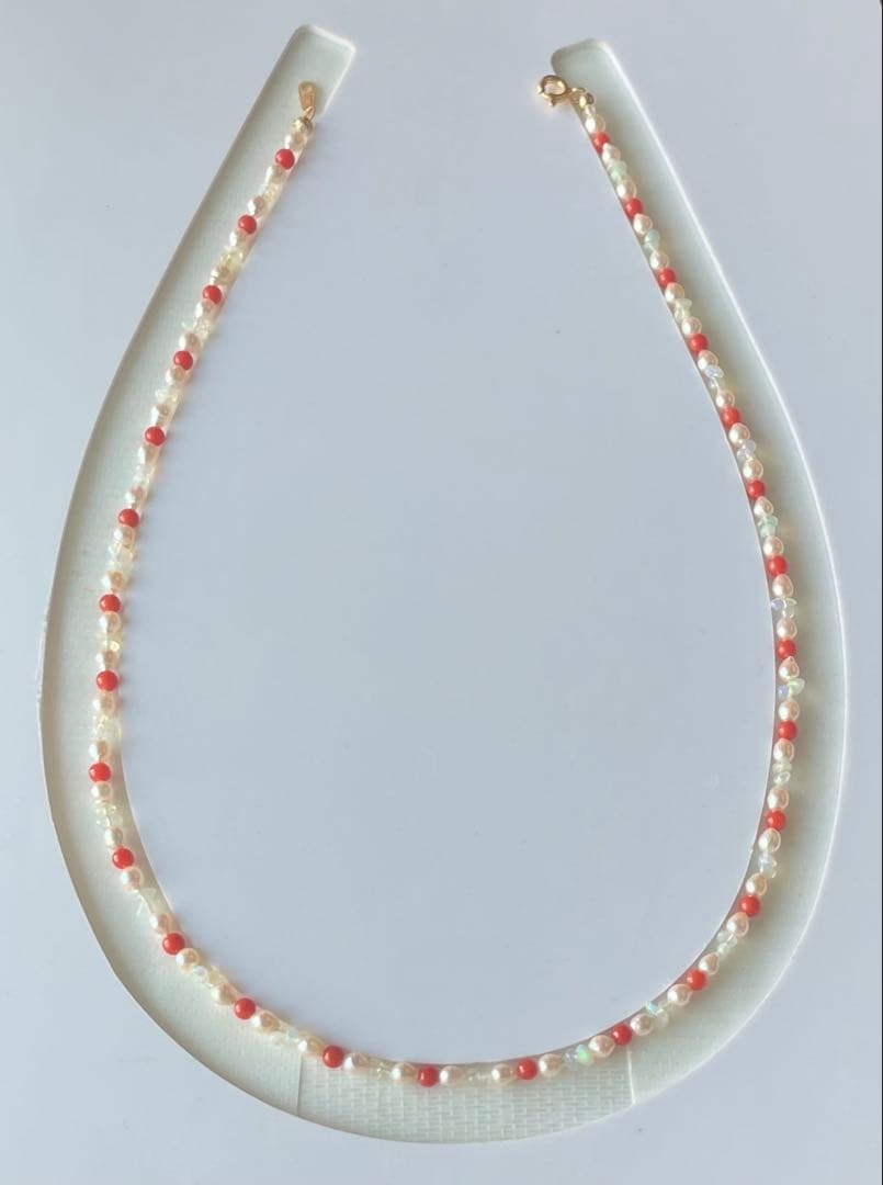 Akoya pearl necklace featuring red coral and opal on sterling silver chain with 3.0-3.5mm pearls