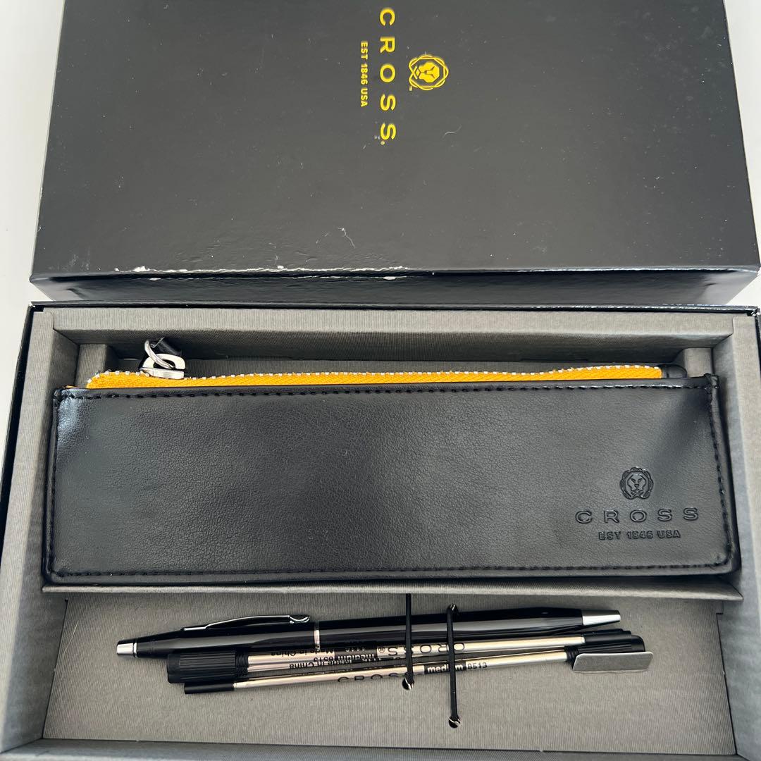 CROSS ballpoint pen set with two black pens and a black leather zippered pen case