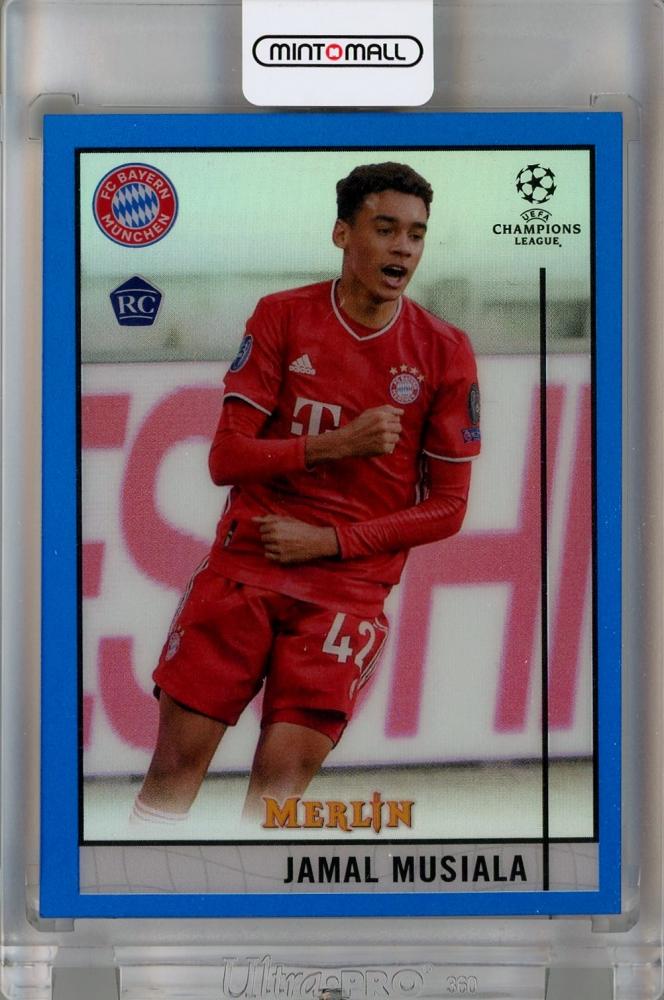 2020-21 Topps Merlin UEFA Champions League Jamal Musiala Blue Refractors Rookie Card #73 with minor back stain