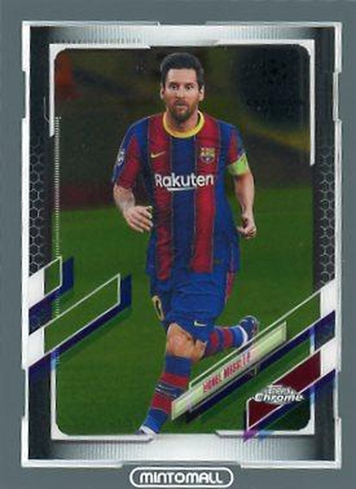 2020-21 Topps Chrome UEFA Champions League Lionel Messi Base #1 trading card showing Messi in team uniform