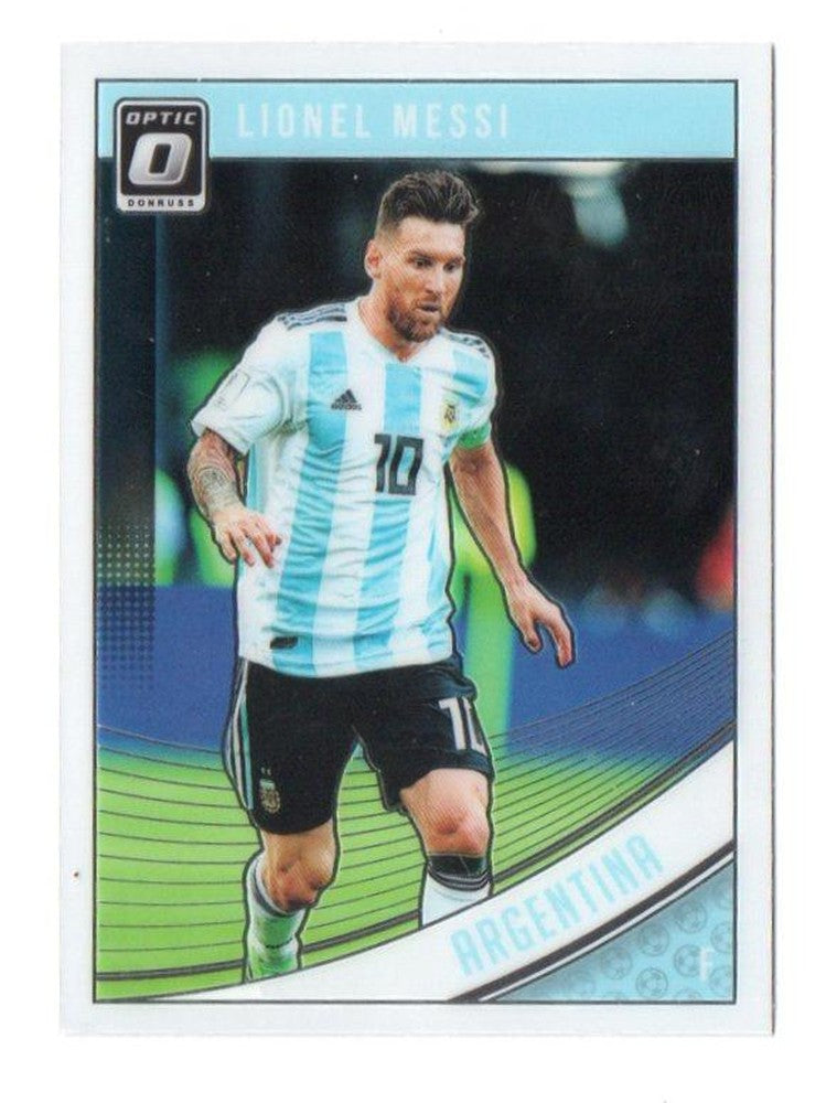 2018-19 PANINI Donruss Lionel Messi Optic trading card featuring Messi in football gear