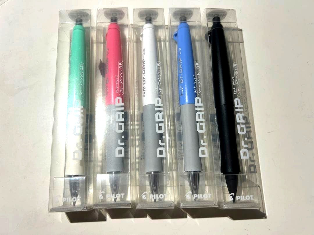 PILOT Dr.Grip Mechanical Pencil 30th Anniversary set showing 5 pencils in Mint Green Pink White Blue and Black colors