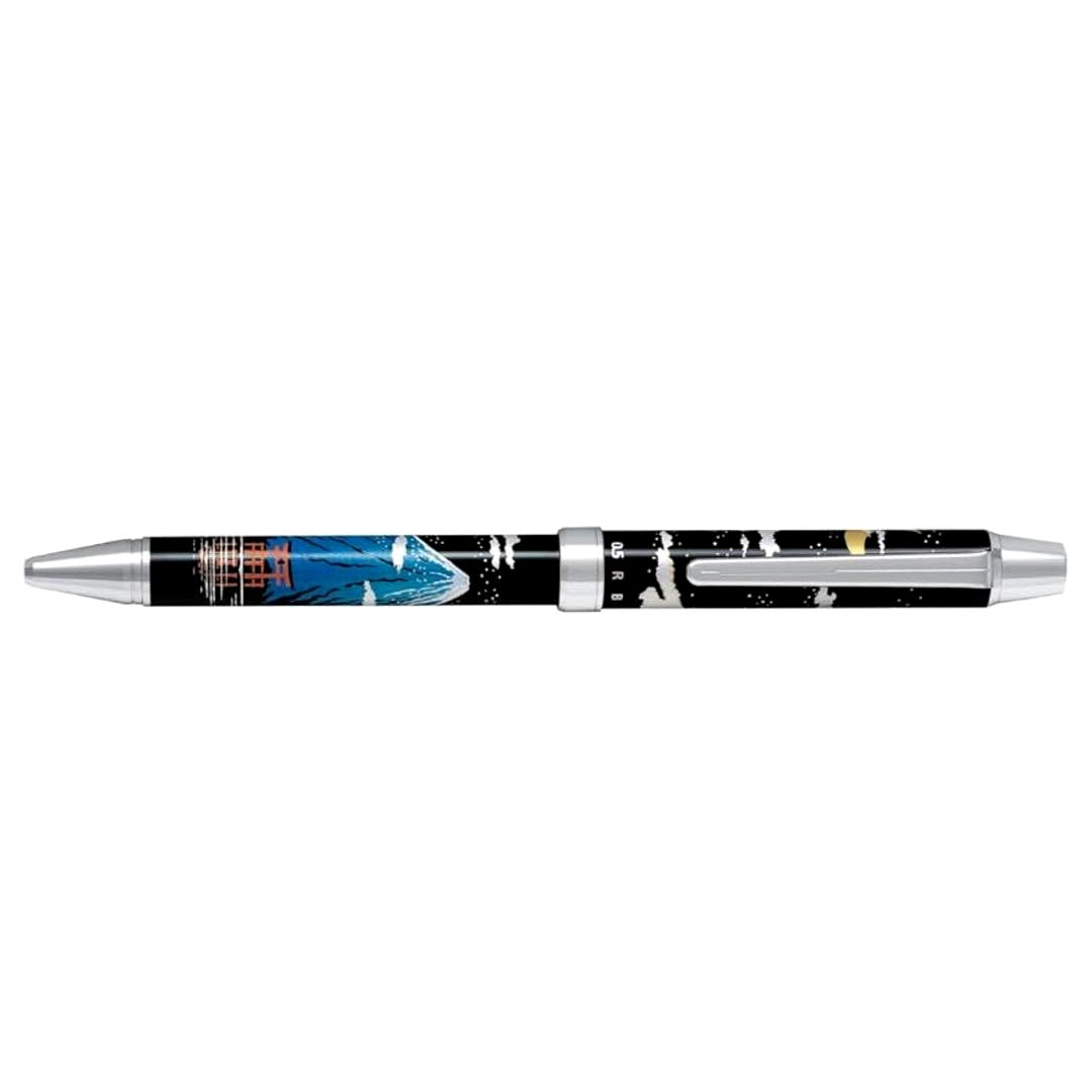Pilot 2+1 Miyabi Emaki pen featuring Moon and Mount Fuji design with 0.7mm fine line and smooth grip