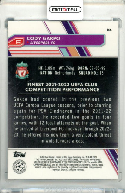 2022-23 Topps Finest UEFA Club Competition Cody Gakpo #146 Base Blue Aqua Vaporware Refractor072/250 Liverpool FC