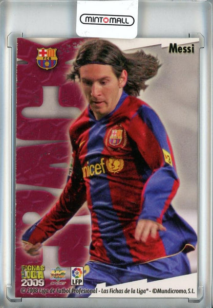 2008-09 Mundicromo Lionel Messi soccer card showing FC Barcelona player with minor stain on back