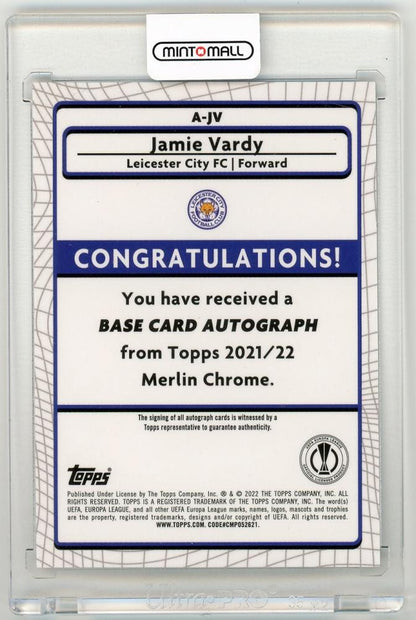 2021-22 Topps Merlin Chrome UEFA Jamie Vardy autograph trading card featuring Leicester City FC