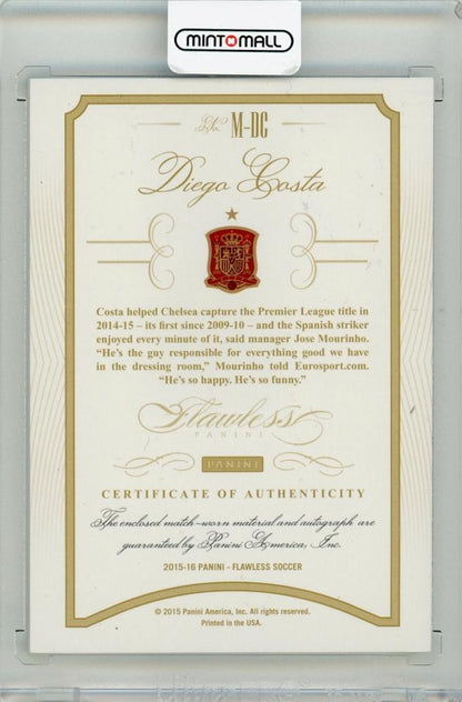 2016 Panini Flawless Diego Costa Momentous autographed Ruby Parallel on card numbered 4 of 15 from Spain