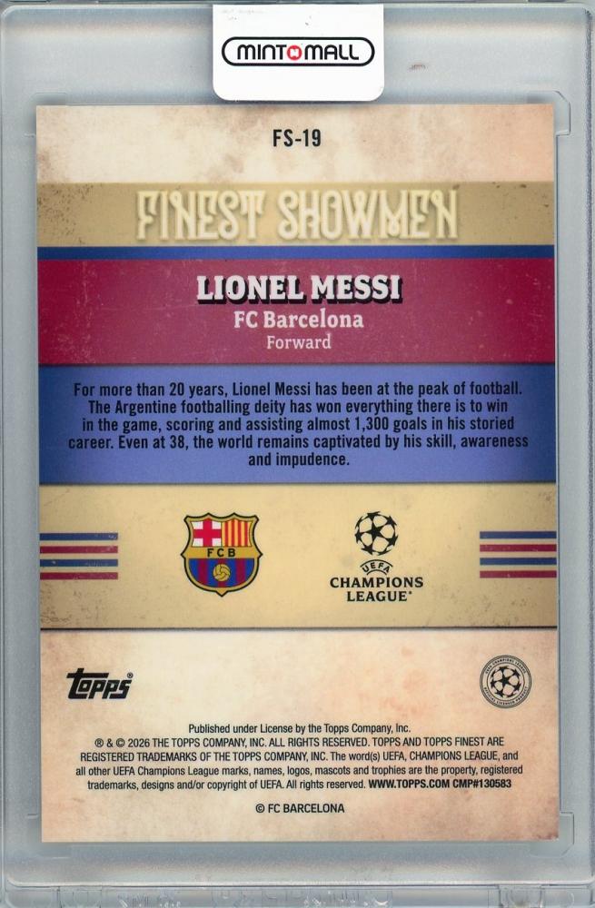 2026 TOPPS Finest UCC Lionel Messi FINEST SHOWMEN #FS-19 trading card featuring FC Barcelona