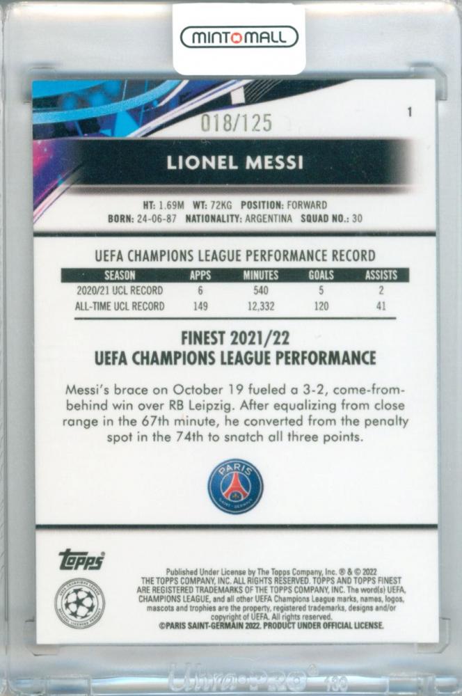 2021-22 Topps Finest UEFA Champions League Lionel Messi Purple Refractor Card 018 of 125 Paris Saint-Germain
