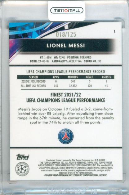2021-22 Topps Finest UEFA Champions League Lionel Messi Purple Refractor Card 018 of 125 Paris Saint-Germain