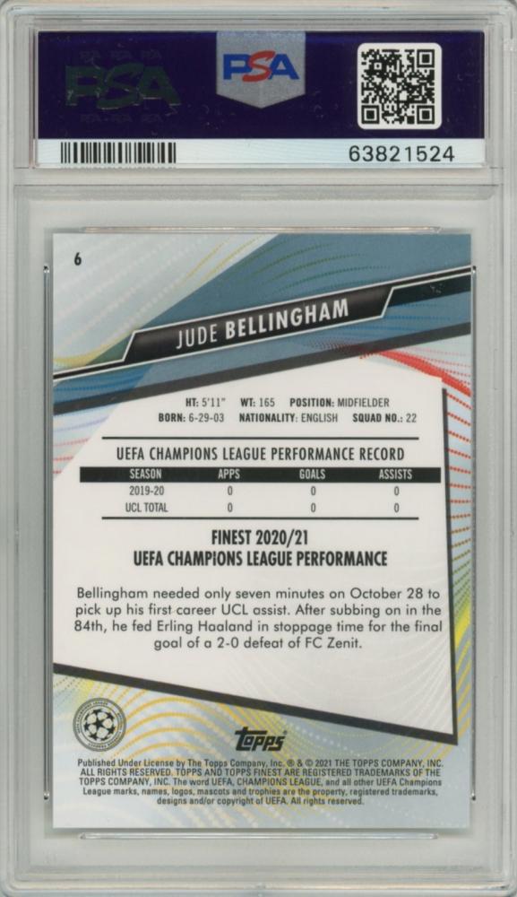 2020-21 Topps Finest UEFA Champions League Jude Bellingham Base Rookie Card PSA 10 GEM MT #6