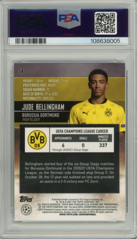 2020-21 Topps Stadium Club Chrome UEFA Champions League Jude Bellingham Base RC card graded PSA 10 GEM MT