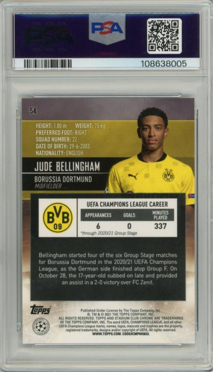 2020-21 Topps Stadium Club Chrome UEFA Champions League Jude Bellingham Base RC card graded PSA 10 GEM MT