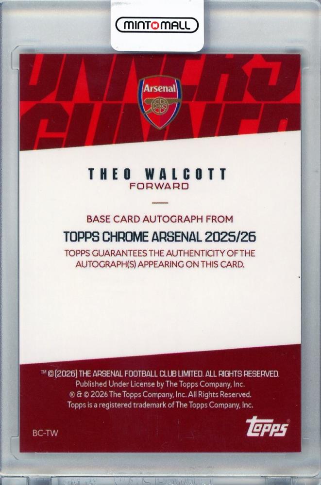 2026 TOPPS Chrome Theo Walcott First Number Auto #BC-TW01/49 trading card featuring Arsenal player