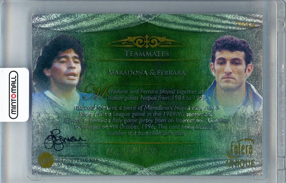 2014 Futera World Football unique patch showing Diego Maradona and Ciro Ferrara teammates Argentina and Italy
