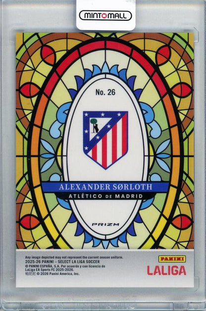2025/26 PANINI SELECT LALIGA Steined Glass trading card featuring Alexander Sorloth of Atlético de Madrid