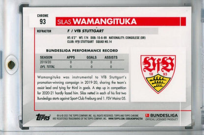 2020-21 Topps Chrome Bundesliga Silas Wamangituka VfB Stuttgart base refractor card with minor back stain