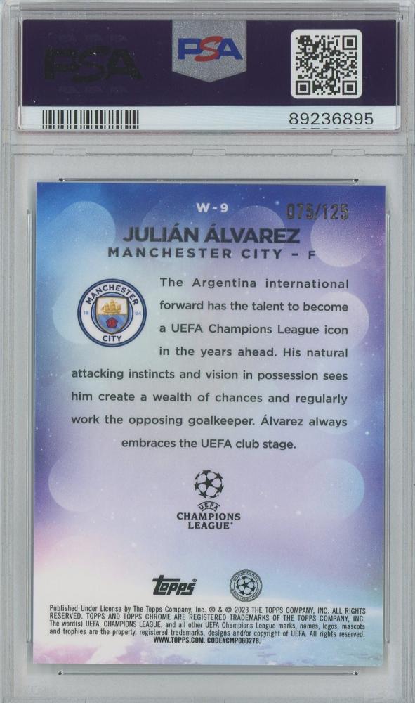 2022 Topps Chrome UCC Julian Alvarez Rookie Card Yellow Refractor graded PSA10 Manchester City #W9075/125