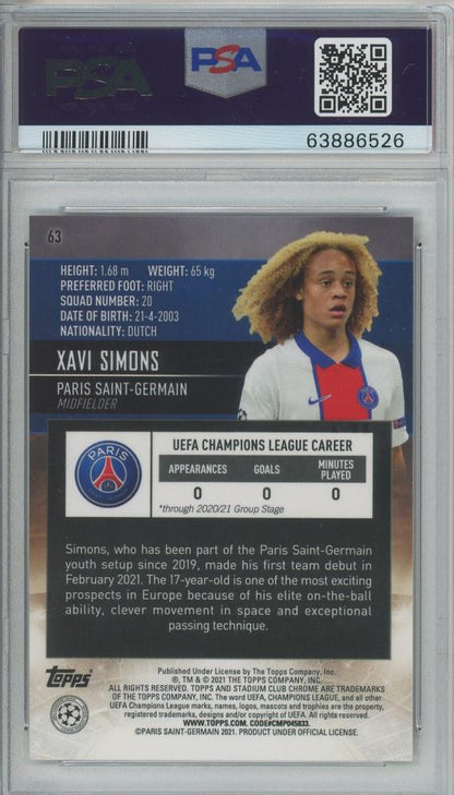 2020-21 Stadium Club Chrome UCL trading card of Xavi Simons #63 graded PSA10 from Paris Saint-Germain