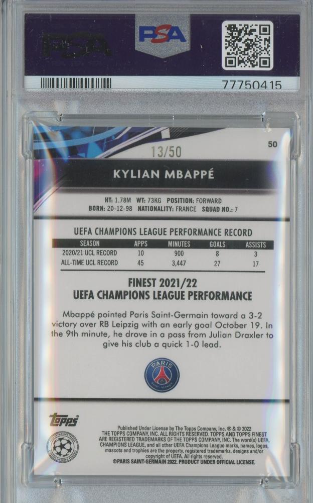 2021-22 Finest UCL Kylian Mbappe Gold Speckle Refractor trading card graded PSA9