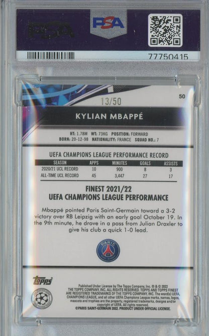 2021-22 Finest UCL Kylian Mbappe Gold Speckle Refractor trading card graded PSA9
