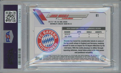 2020 Topps Chrome UCL Jamal Musiala RC Speckle Refractor #81 PSA9 trading card featuring FC Bayern Munich