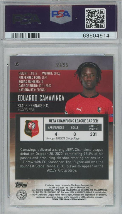 2020-21 Stadium Club Chrome UCL Eduardo Camavinga Green Refractor card graded PSA10 from Stade Rennais