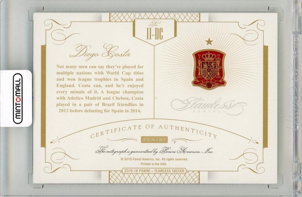 2016 Panini Flawless Diego Costa International Icons autographed card numbered 3 of 25 featuring Spain team