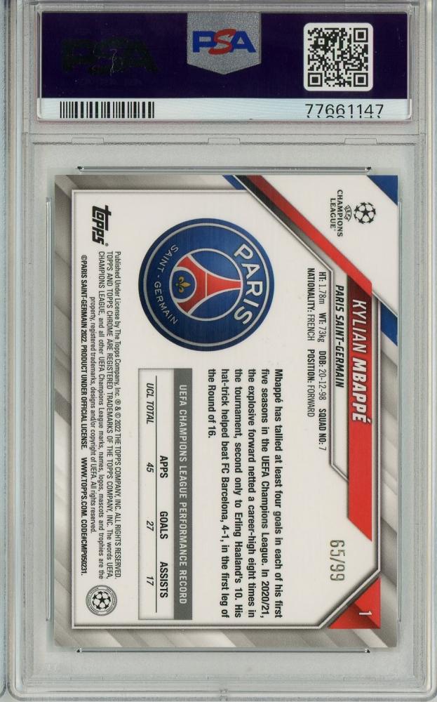 2021-22 Topps Chrome UEFA Champions League Kylian Mbappe Neon Green Wave Refractor graded PSA9 card