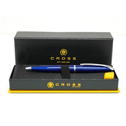 CROSS ATX 882-37 ballpoint pen with translucent blue lacquer and chrome accents, 139 mm length