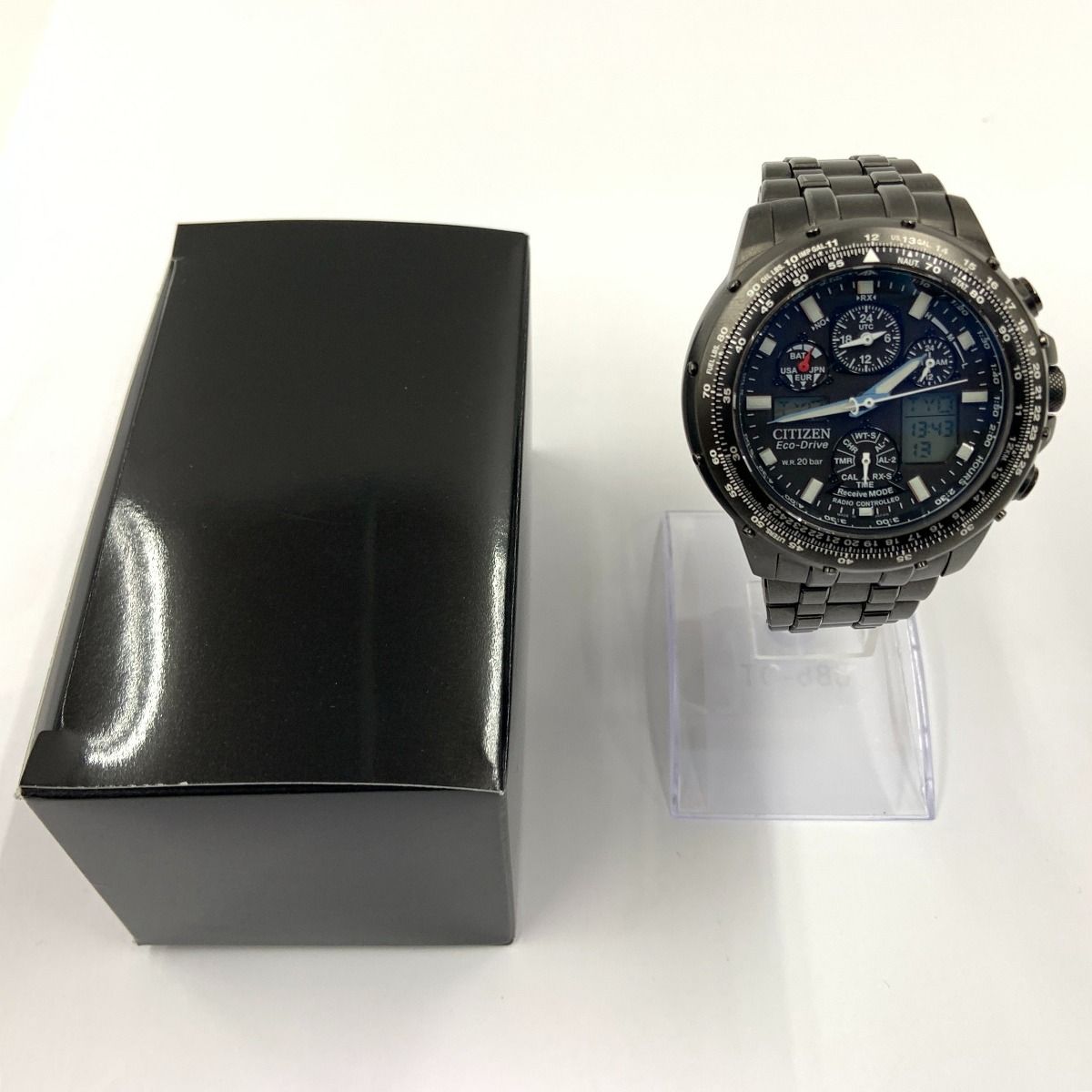 Citizen Pro Master Sky Navi Hawk black stainless steel solar radio wave quartz men's watch with 45mm case