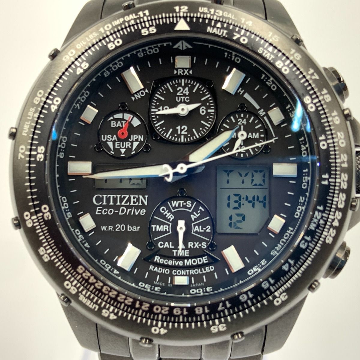 Citizen Pro Master Sky Navi Hawk black stainless steel solar radio wave quartz men's watch with 45mm case