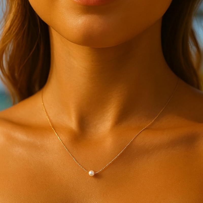 Freshwater pearl necklace with nickel-free stainless steel thin chain, 42 cm length, made in Japan