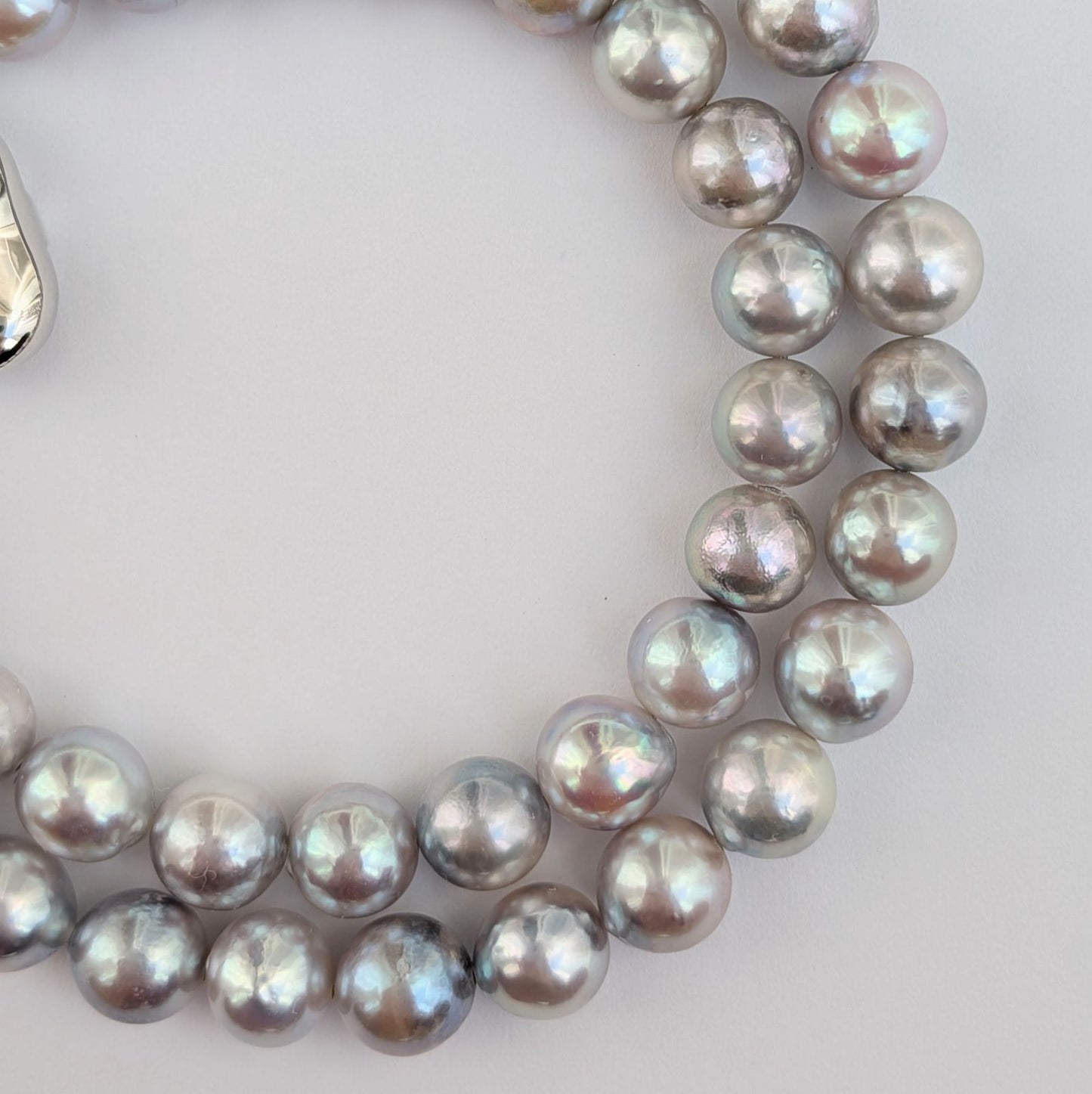 Akoya pearl necklace with natural gray 7-7.5mm pearls and silver fittings displayed on white background