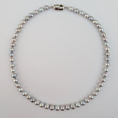 Akoya pearl necklace with natural gray 7-7.5mm pearls and silver fittings displayed on white background
