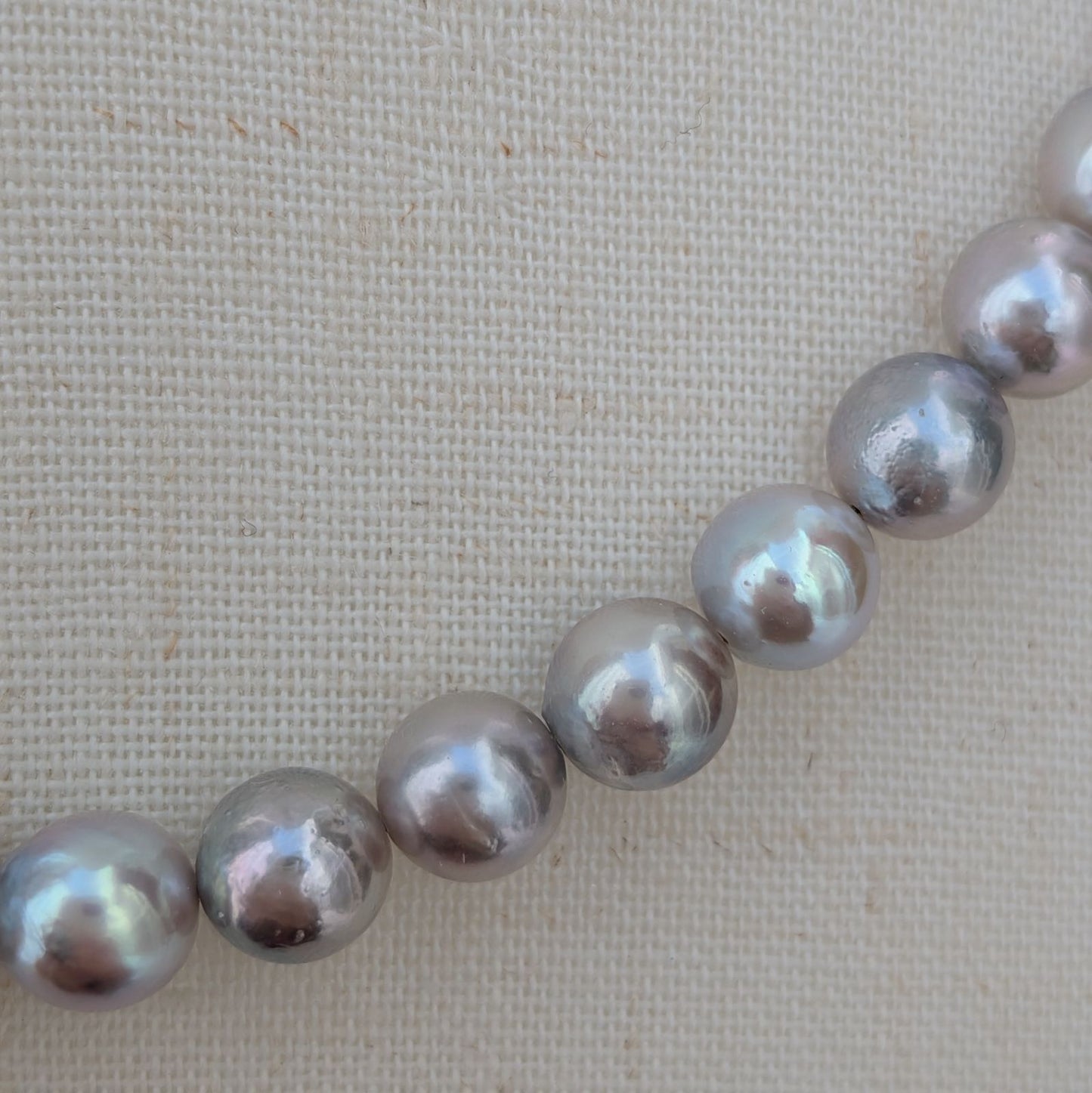 Akoya pearl necklace with natural gray 7-7.5mm pearls and silver fittings displayed on white background