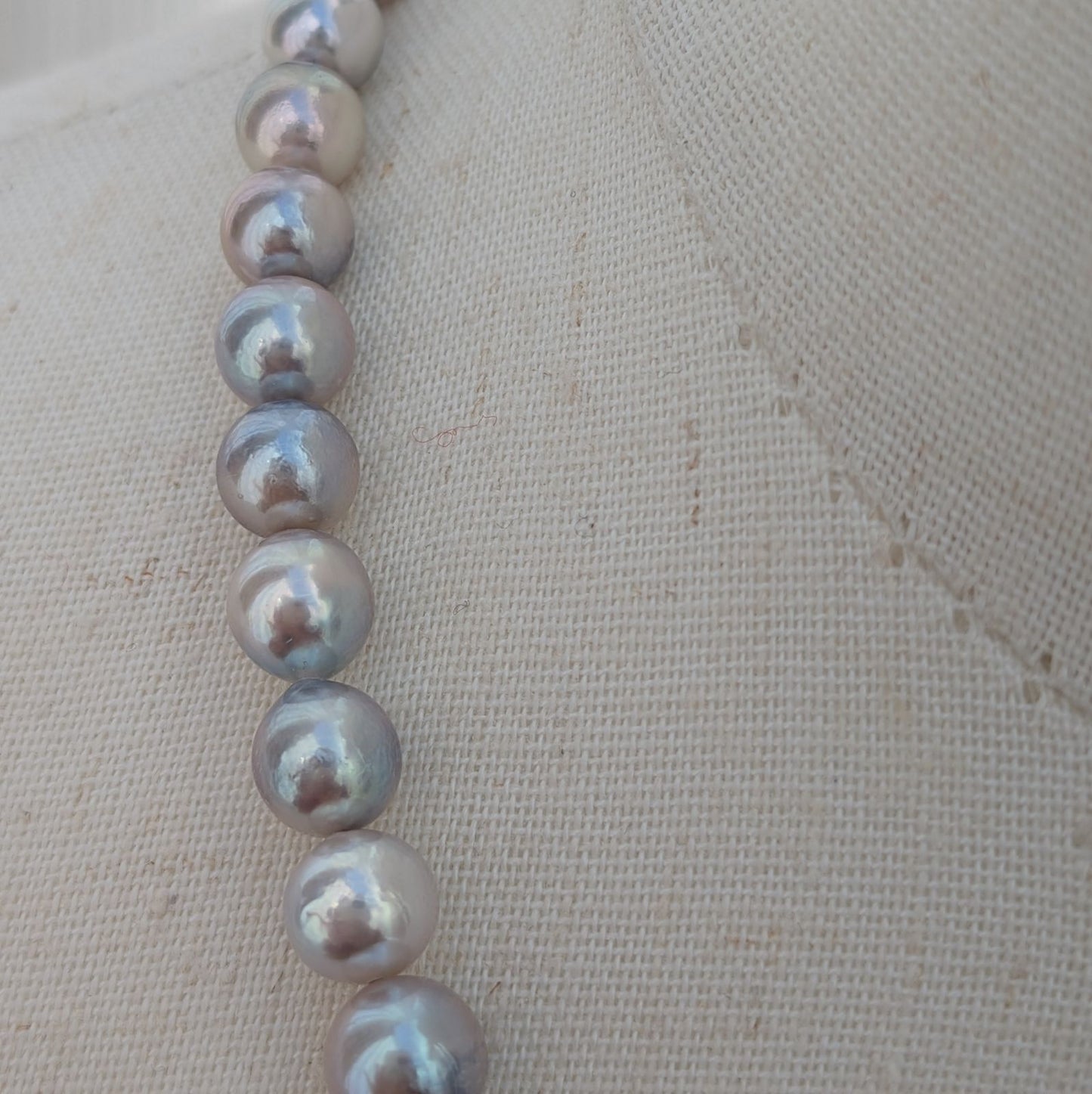 Akoya pearl necklace with natural gray 7-7.5mm pearls and silver fittings displayed on white background