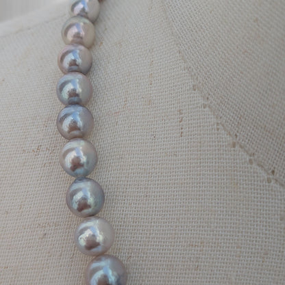 Akoya pearl necklace with natural gray 7-7.5mm pearls and silver fittings displayed on white background